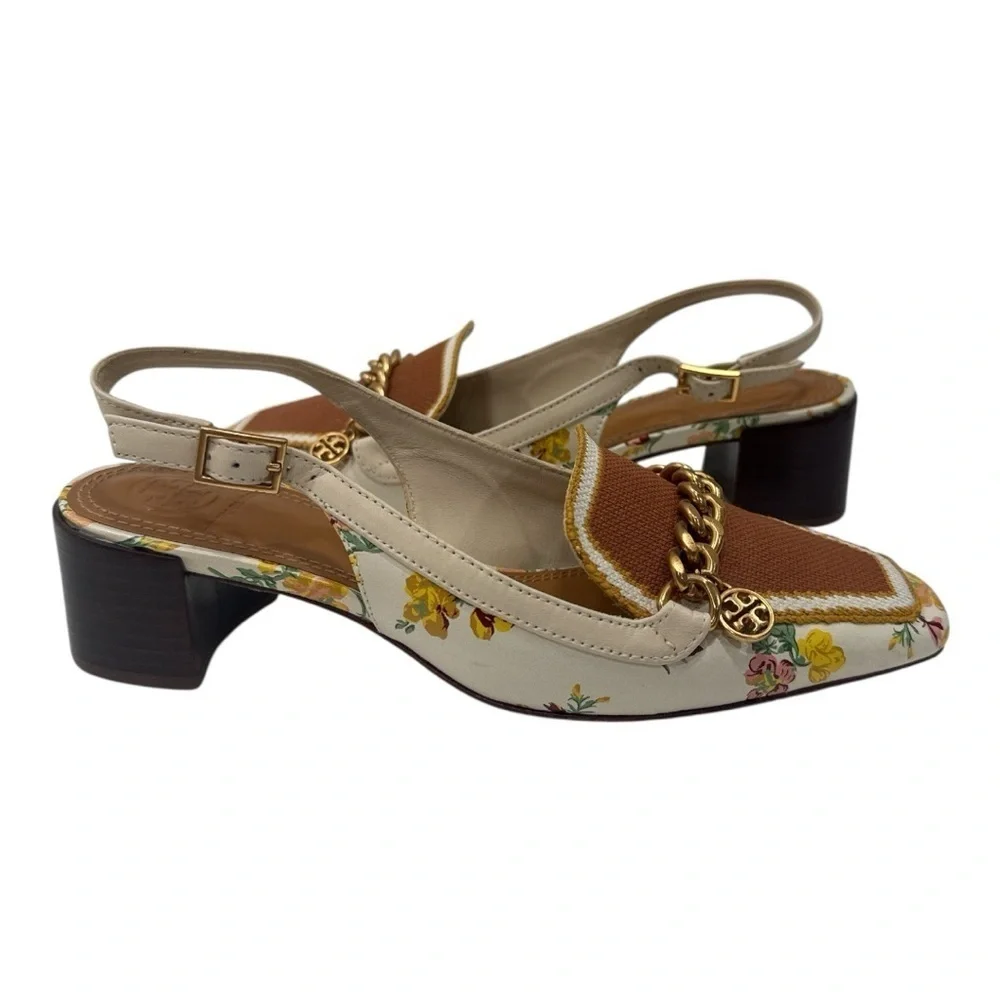 Tory Burch Mini Benton Charm Floral Chain-Embellished Slingback Heels size 6 M